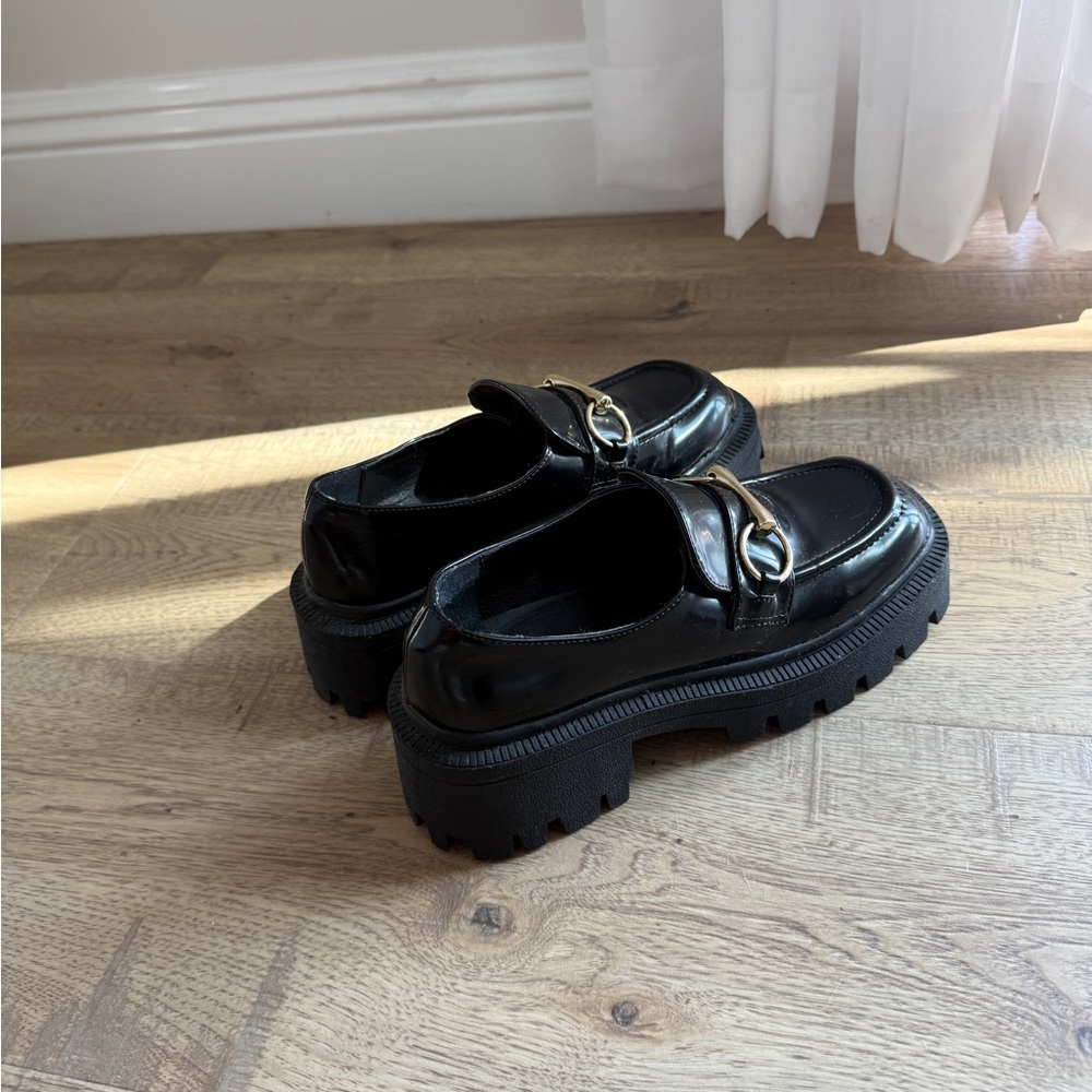 Urban Outfitters Black Loafers with Gold Buckle